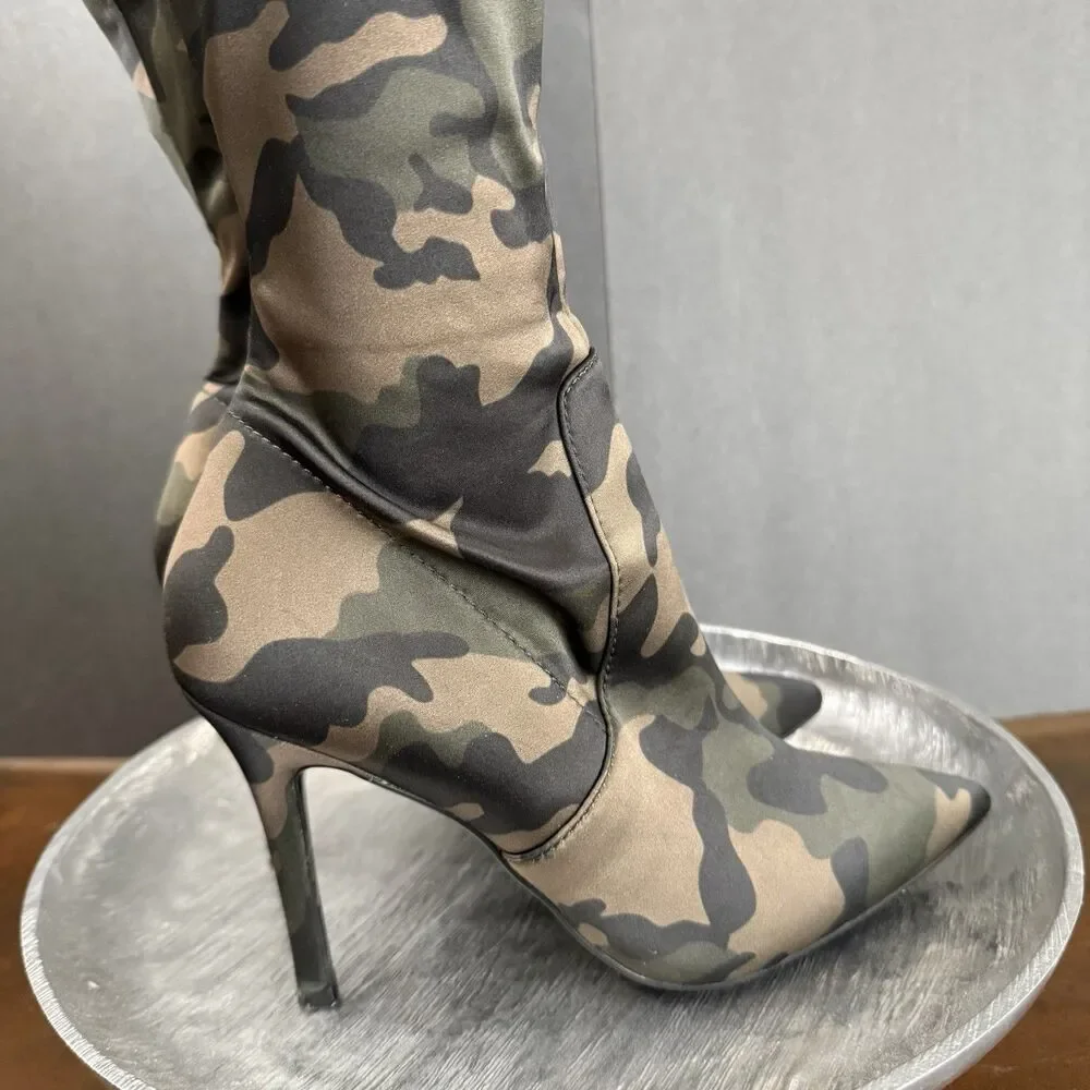 Aldo Camo Stretch Satin Thigh High Boots Size 6 Military Chic Grunge punk sleek - Picture 8 of 16